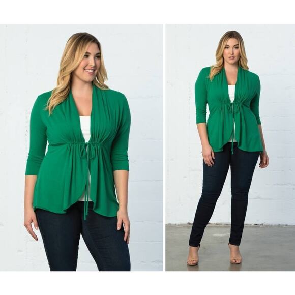 Kiyonna Top Sunset Stroll Bellini Cardigan 1X Kelly Green Tie Front Christmas - Picture 2 of 10